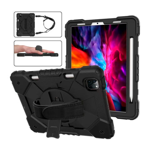 funda de silicona rigida para ipad pro 12.9 con portalapiz, soporte giratorio y correa para la muñeca